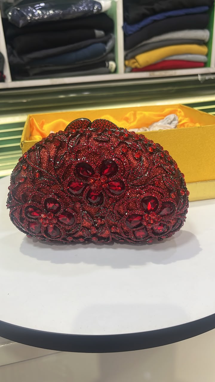 Women's Red Floral Crystal Clutch Bag