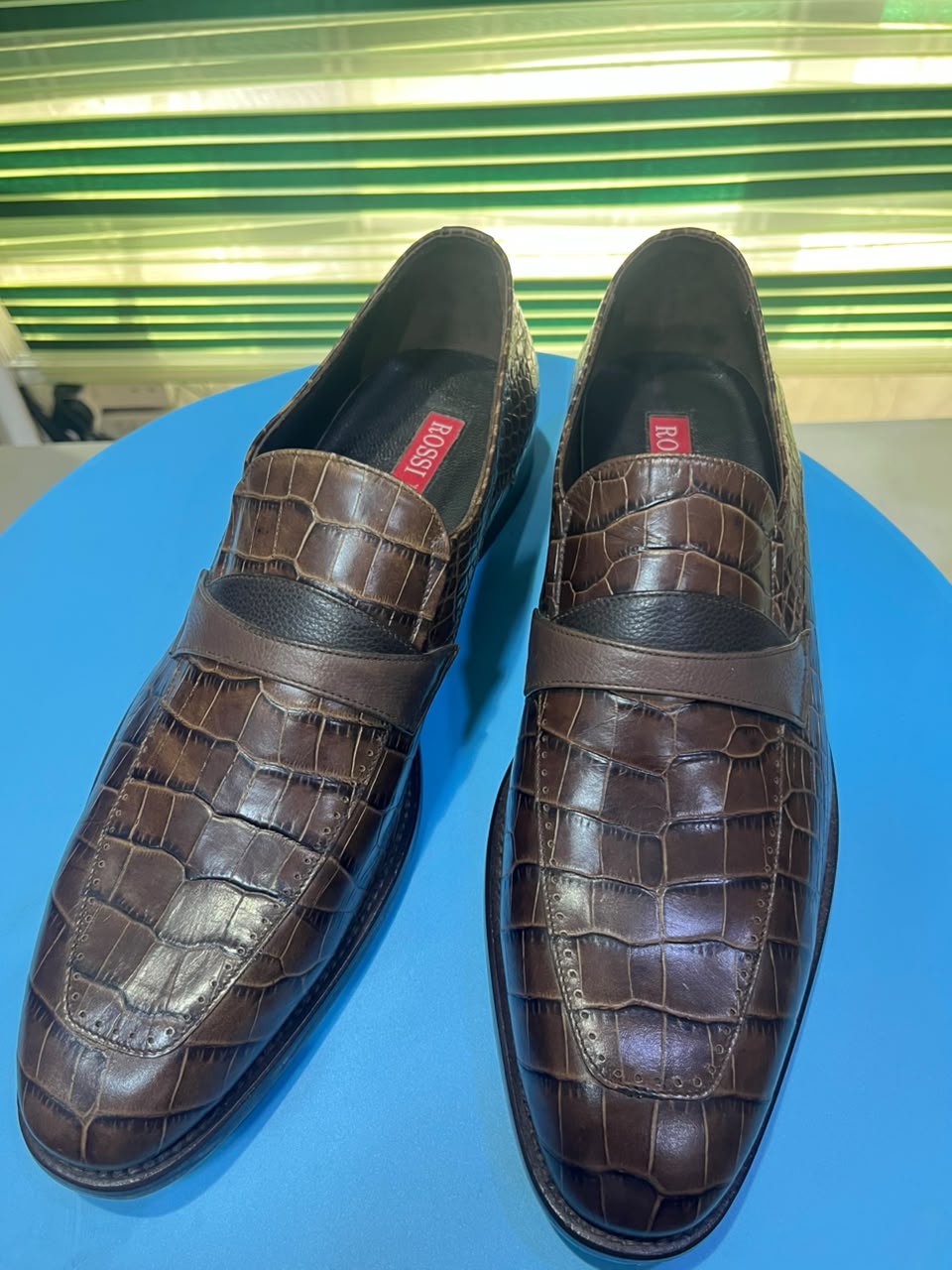 ROSSI's Brown Crocodile=embossed Leather Loafers