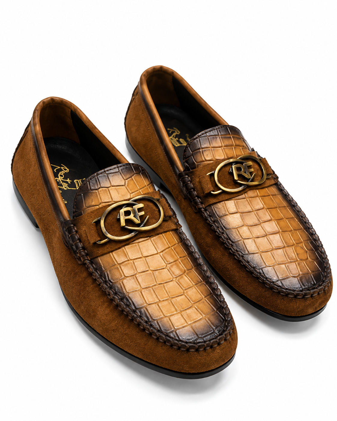REFREDINADO Brown crocodile-embossed leather loafers in Stylish brown crocodile-embossed leather loafers with suede side panels and a gold-tone logo bit detail.