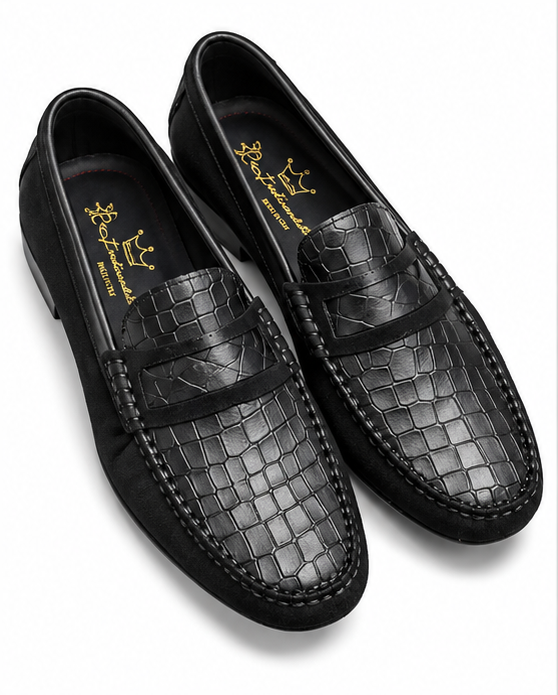 REFREDINADO's Black Crocodile-embossed Leather Loafers