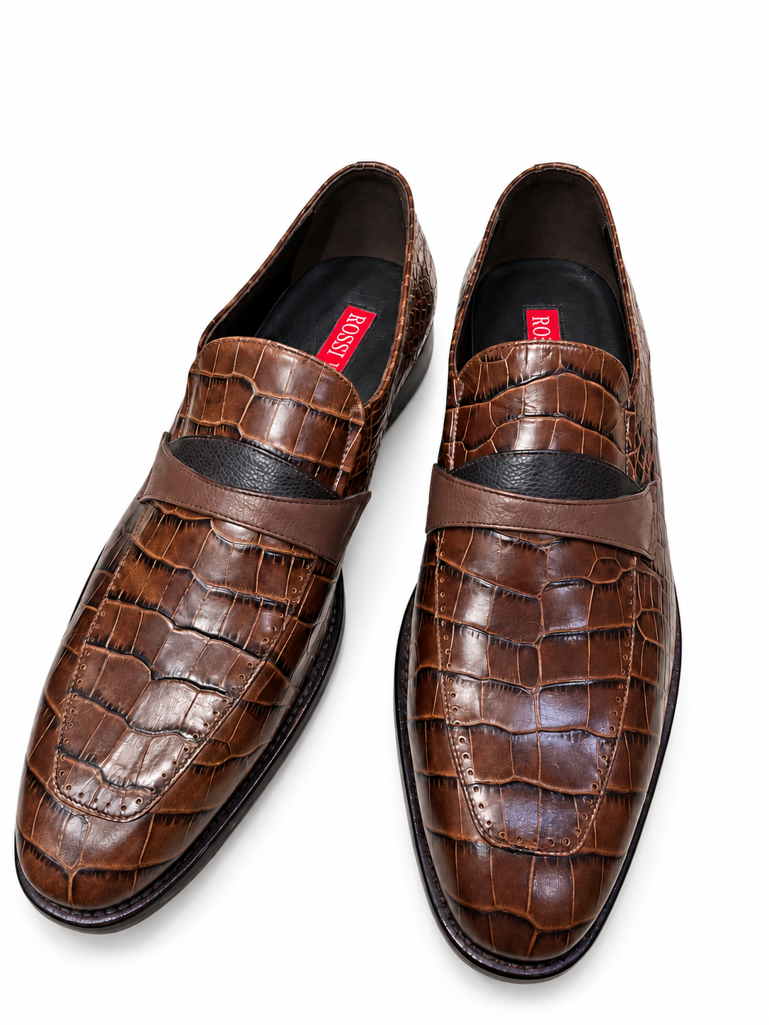 ROSSI's Brown Crocodile=embossed Leather Loafers