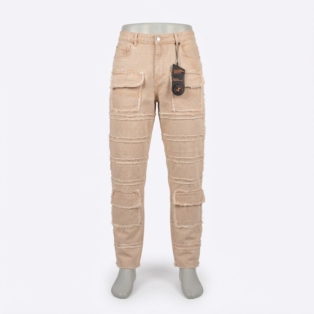 UNIQUE LOOKS Denim republic in Light beige denim cargo jeans featuring multiple frayed panels, horizontal distressed strips, and large flap pockets.