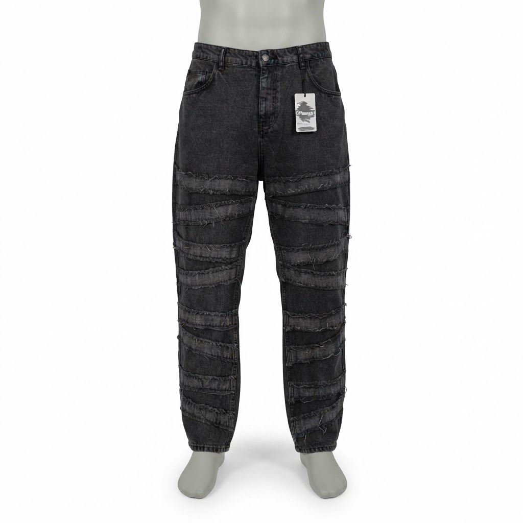 UNIQUE LOOKS 2y premium jeans in Dark grey denim jeans featuring bold horizontal distressed and frayed panels across the legs