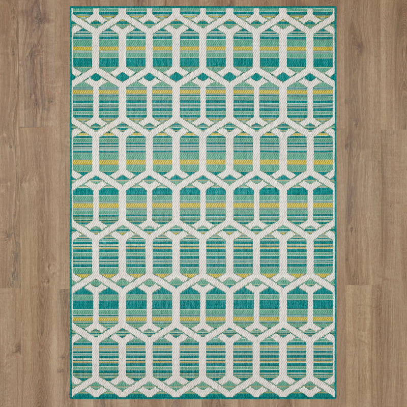 92313-E299-063090 - Mohawk Home - MH Outdoor - Hex Trellis Dark Teal - 5' 3" X 7' 6"
