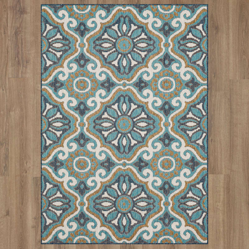92312-4121-063090 - Mohawk Home - MH Outdoor - Portugal Tile Teal - 5' 3" X 7' 6"