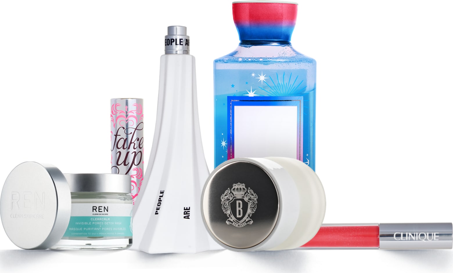 Decorated aluminum caps and closures on REN, Bath & Body Works and Clinique packaging