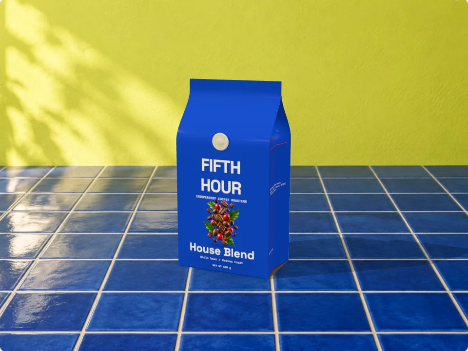 Editable FIFTH HOUR coffee bag rendered on cobalt ceramic tiles