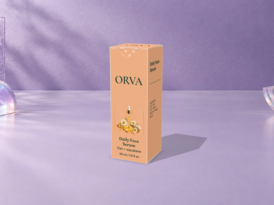 ORVA face serum carton and bottle on a pearlescent lilac surface