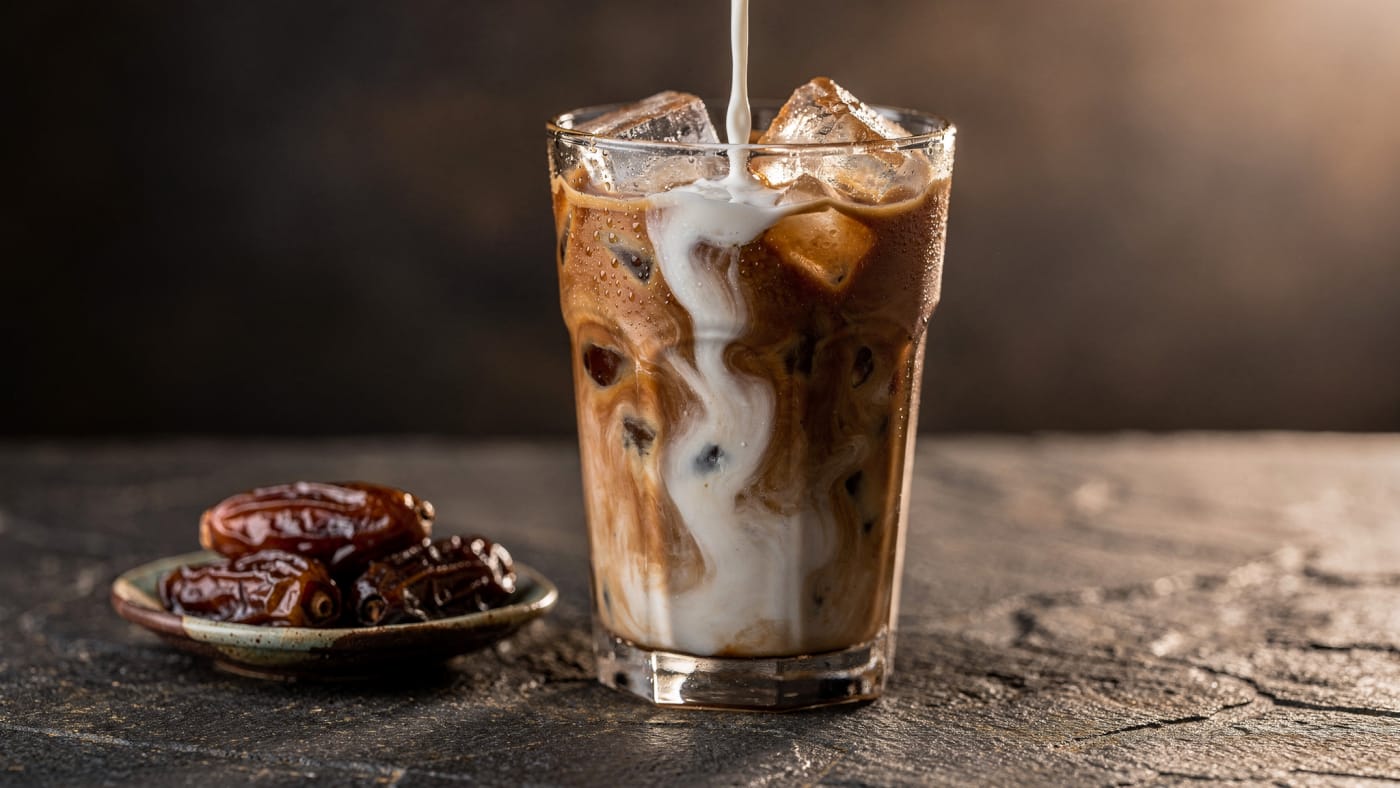 Cold milk swirling into a tall glass of iced date seed coffee, with a small plate of dates beside it