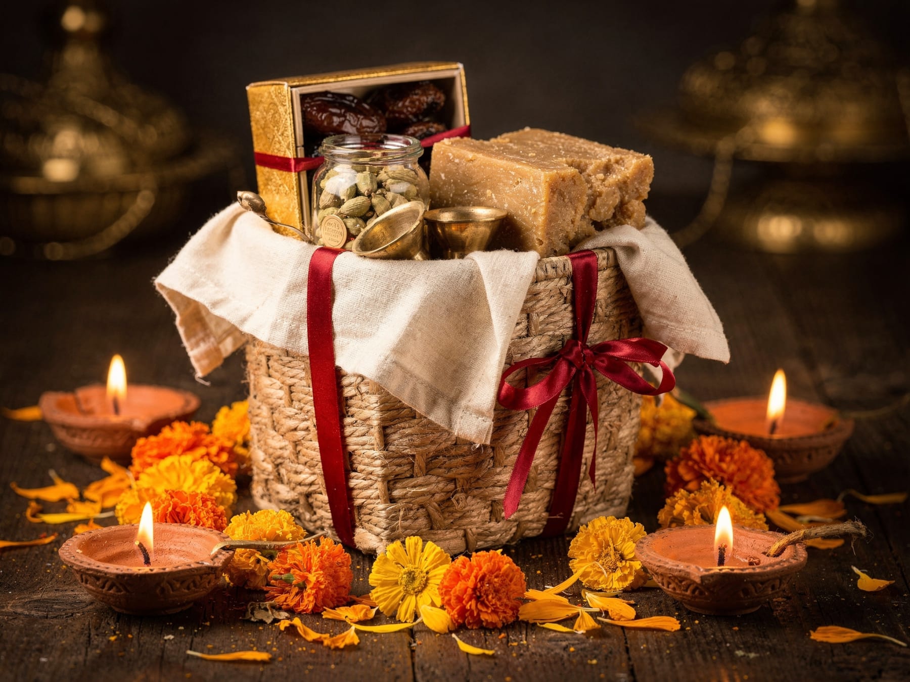 A woven Diwali gift basket with dates, cardamom, jaggery and brass cups tied with a red ribbon, surrounded by lit clay diyas and marigolds