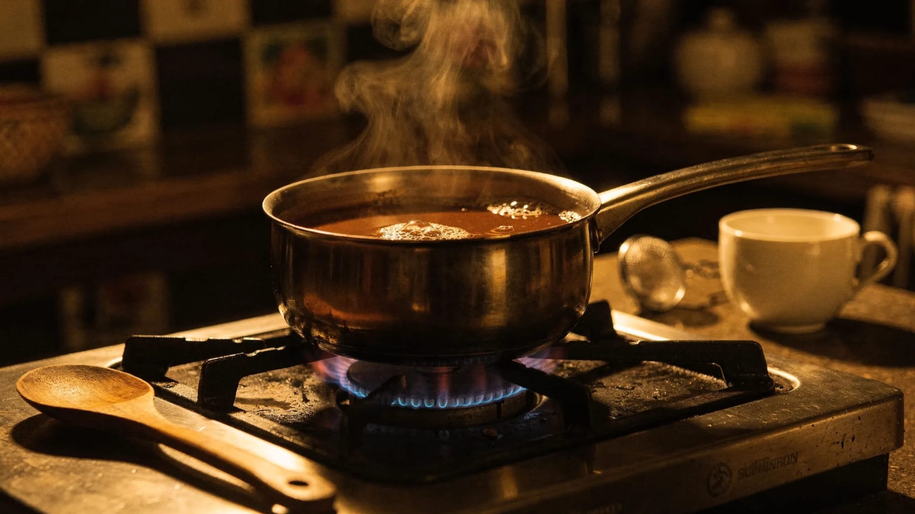 A steel saucepan of dark date seed coffee simmering on a gas flame in a warm, dim home kitchen, with a white cup and strainer waiting nearby