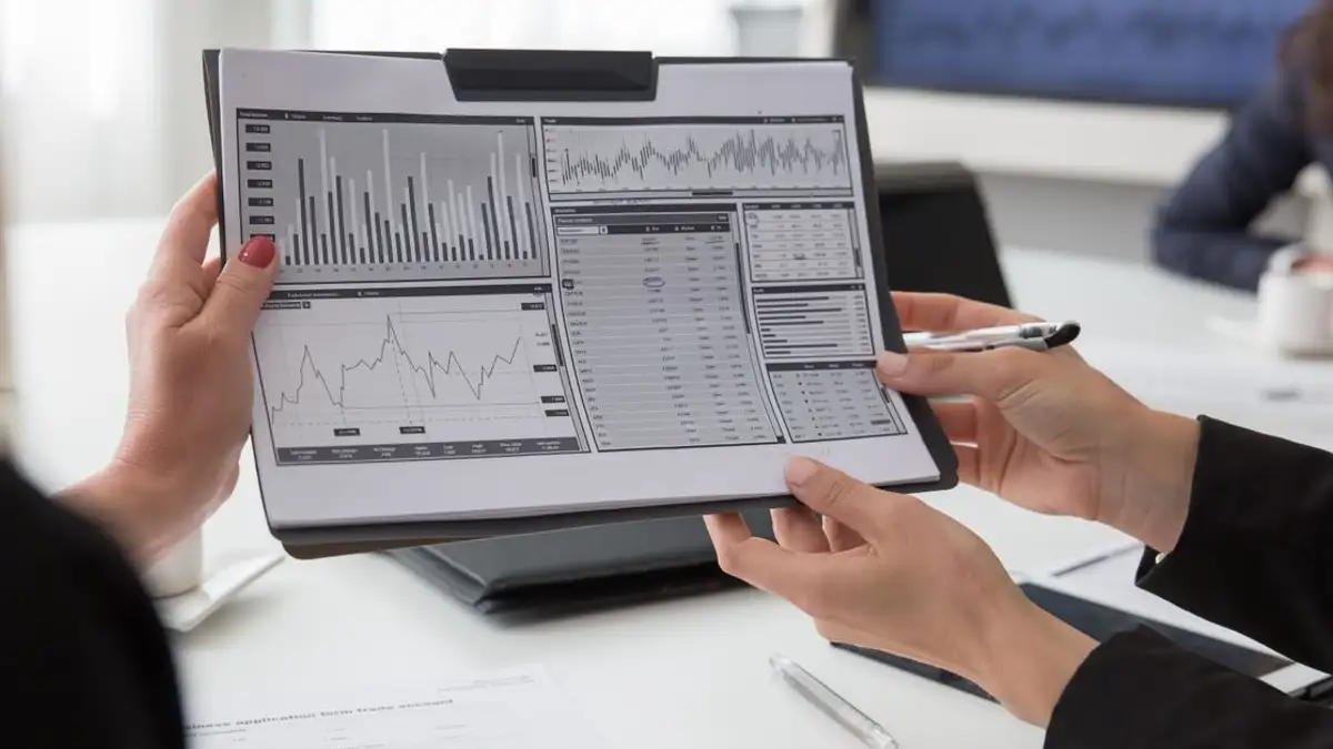 Profesional meninjau grafik data di kertas selama pertemuan bisnis.