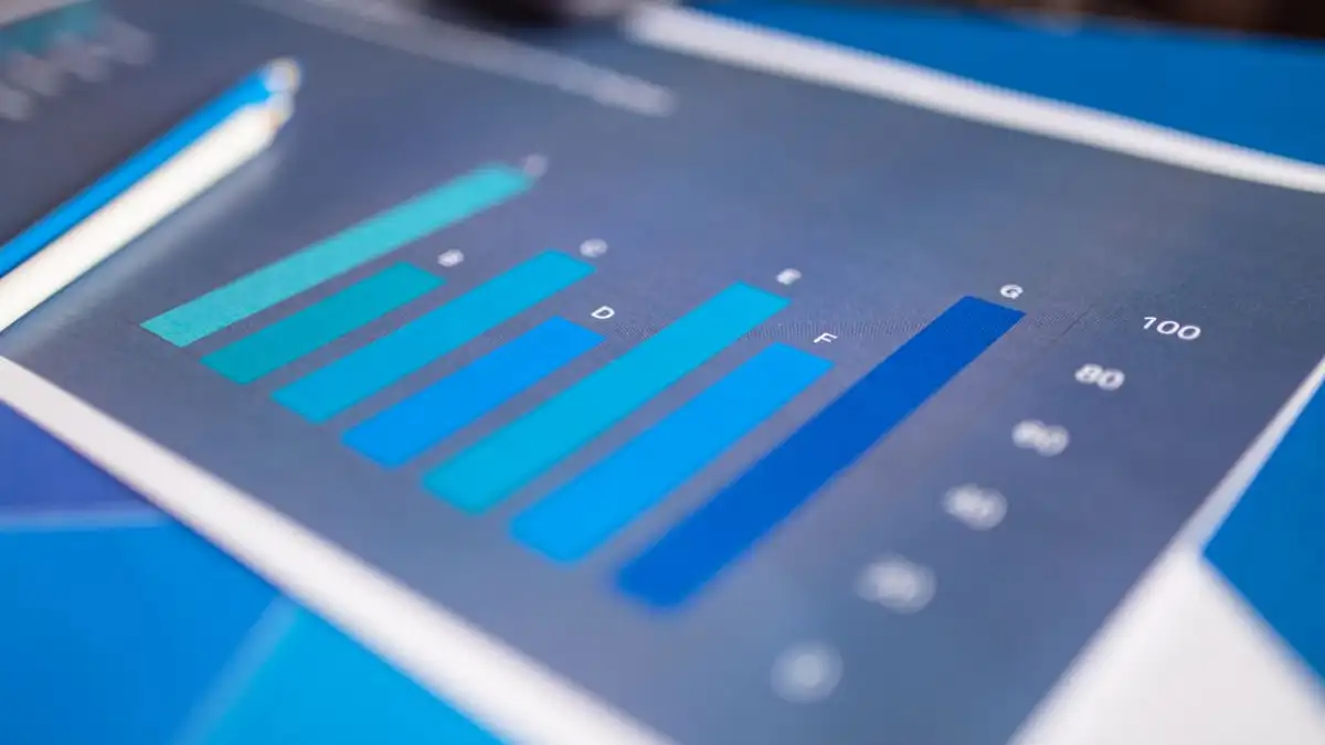 Close-up mendetail dari grafik batang biru yang menunjukkan analisis data pada kertas cetak.