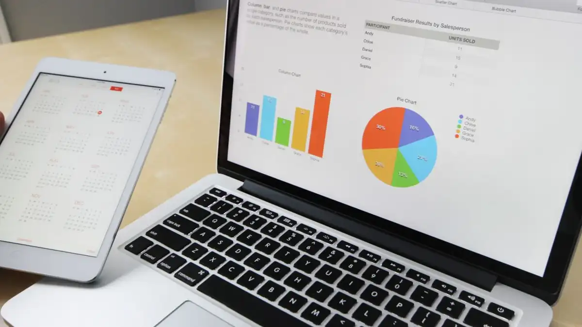 Laptop yang menampilkan grafik dan diagram dengan kalender tablet untuk analisis data dan perencanaan.
