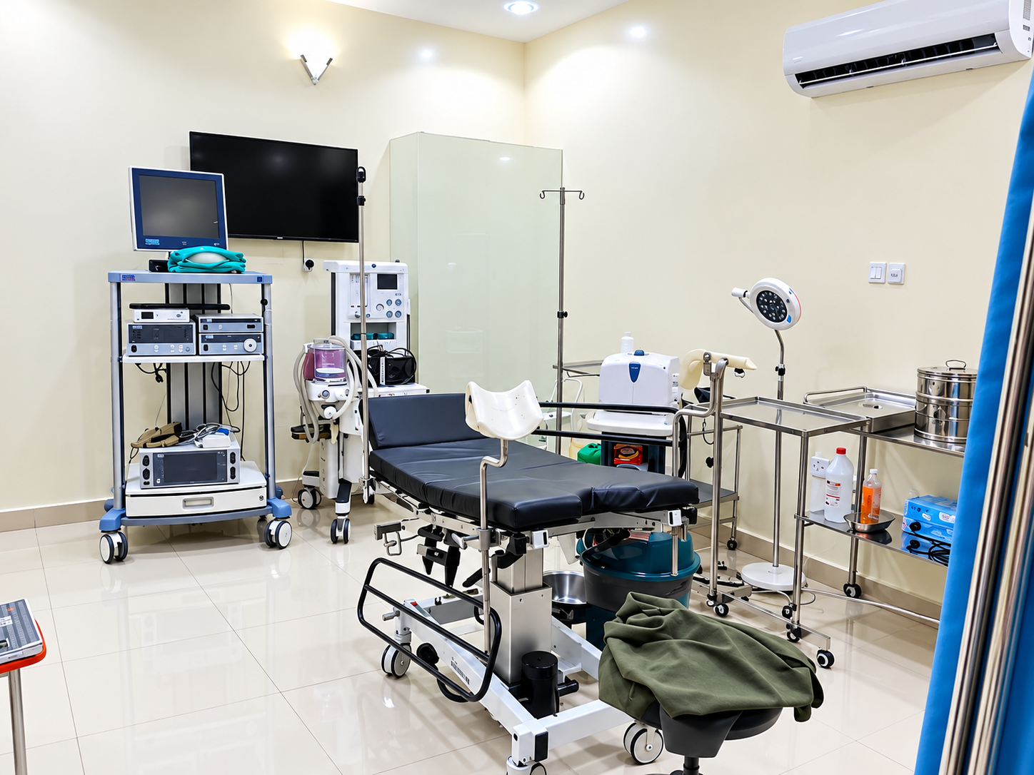Advanced embryology laboratory with modern equipment and bright clinical lighting