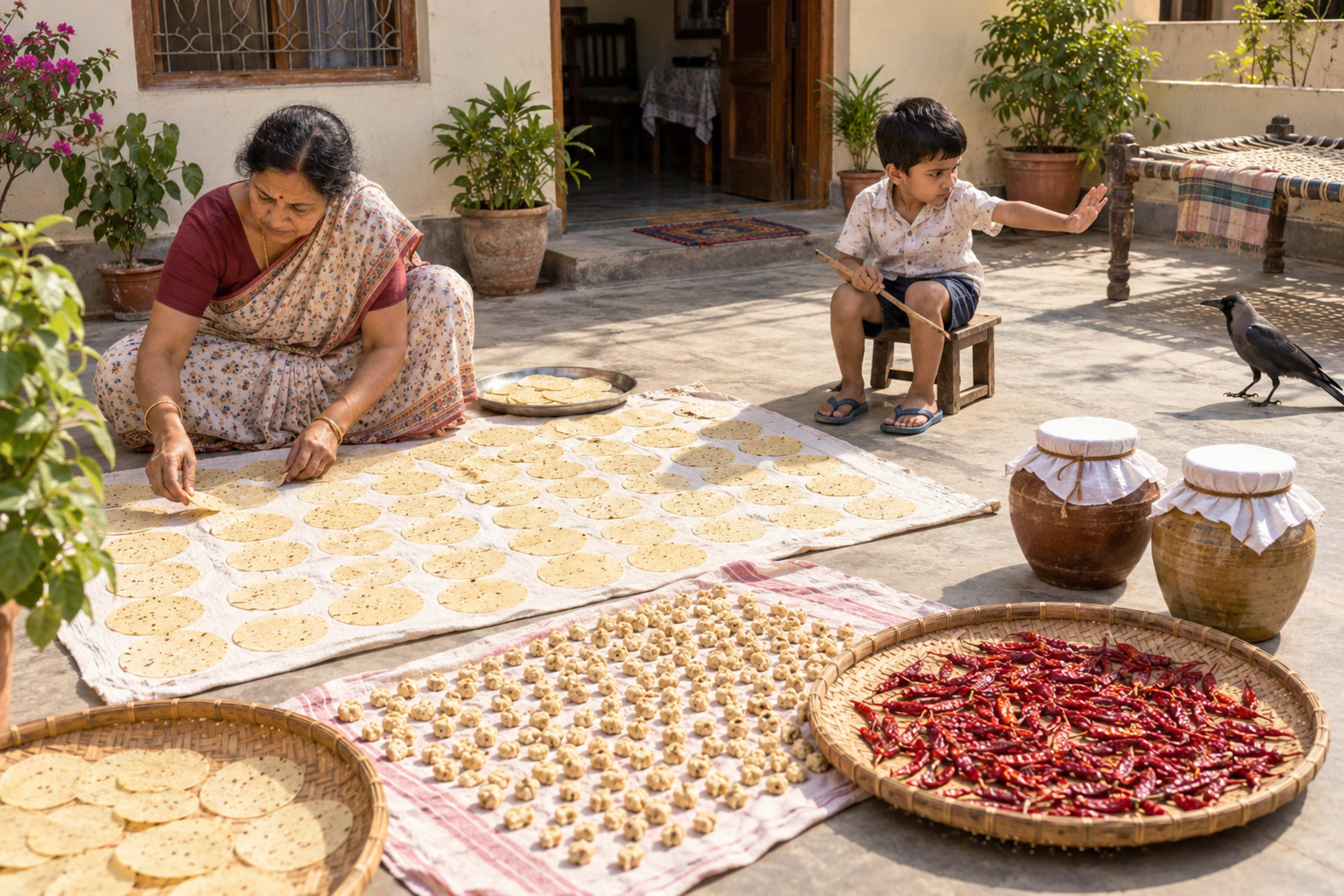 When papads dried in the courtyard