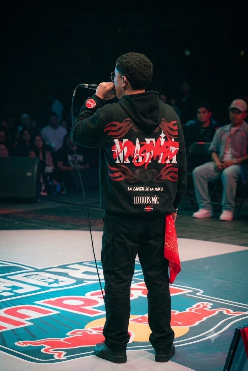 MafiaNostra Black Hoodie V1 puesto, en tarima