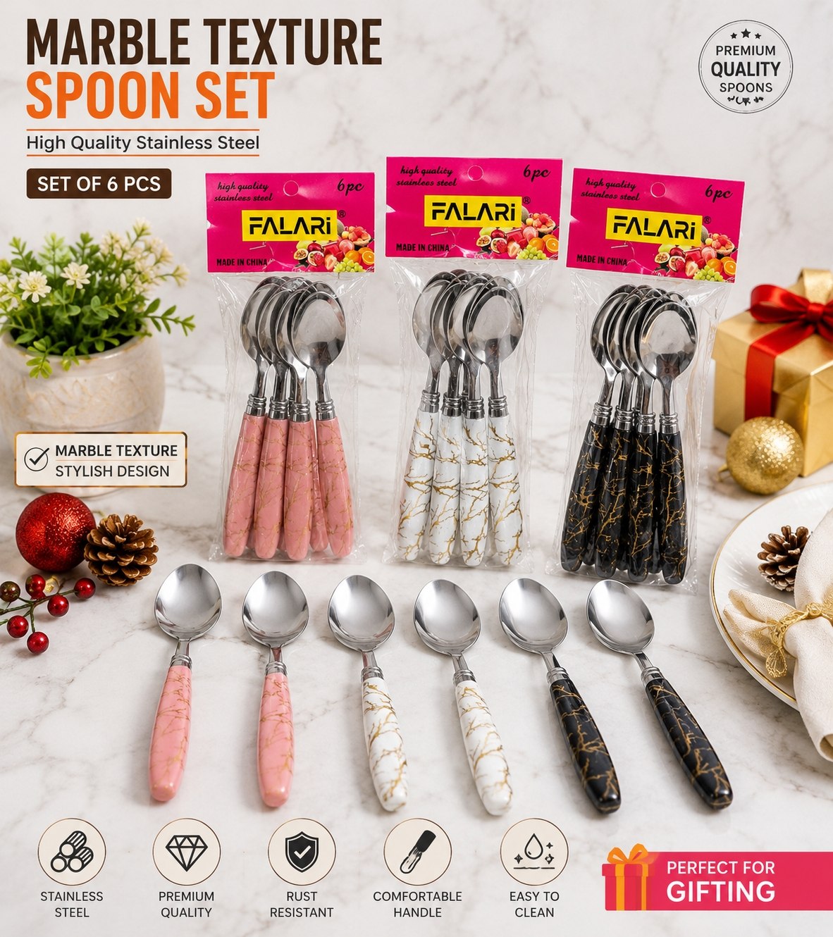 6 Pcs Marble Texture Silver Spoon Set