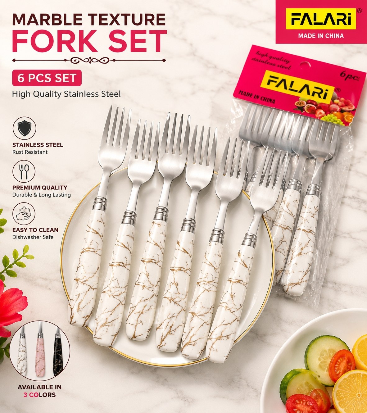 6 Pcs Marble Texture Silver Fork Set