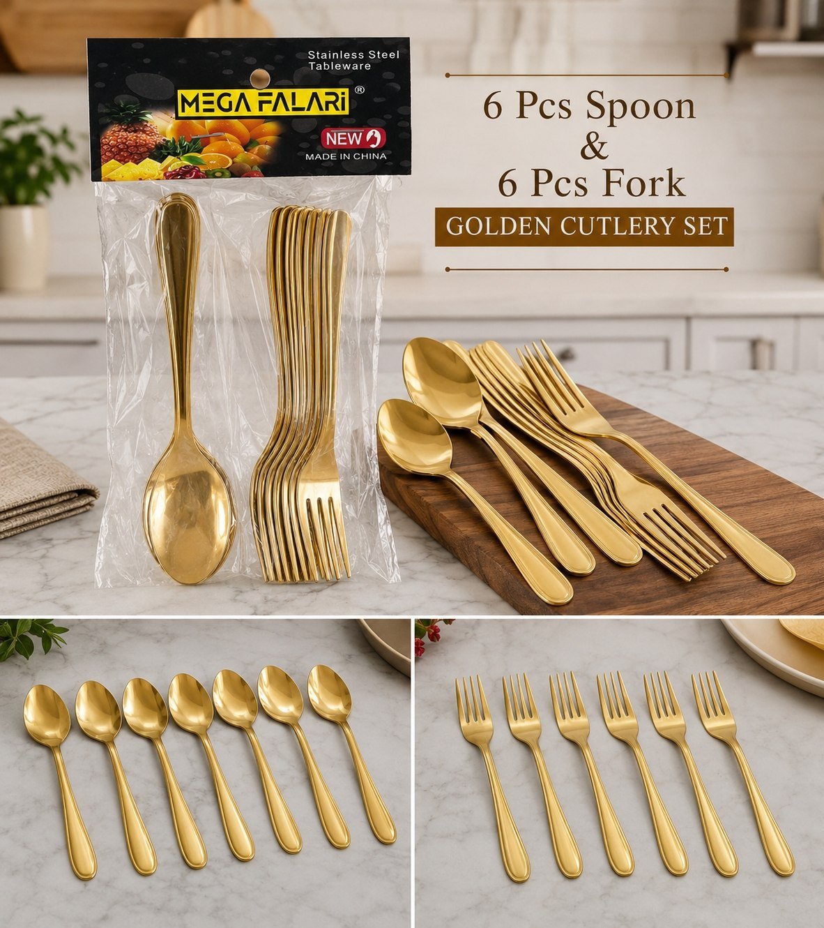 Premium Golden Spoon & Fork Pack of 12