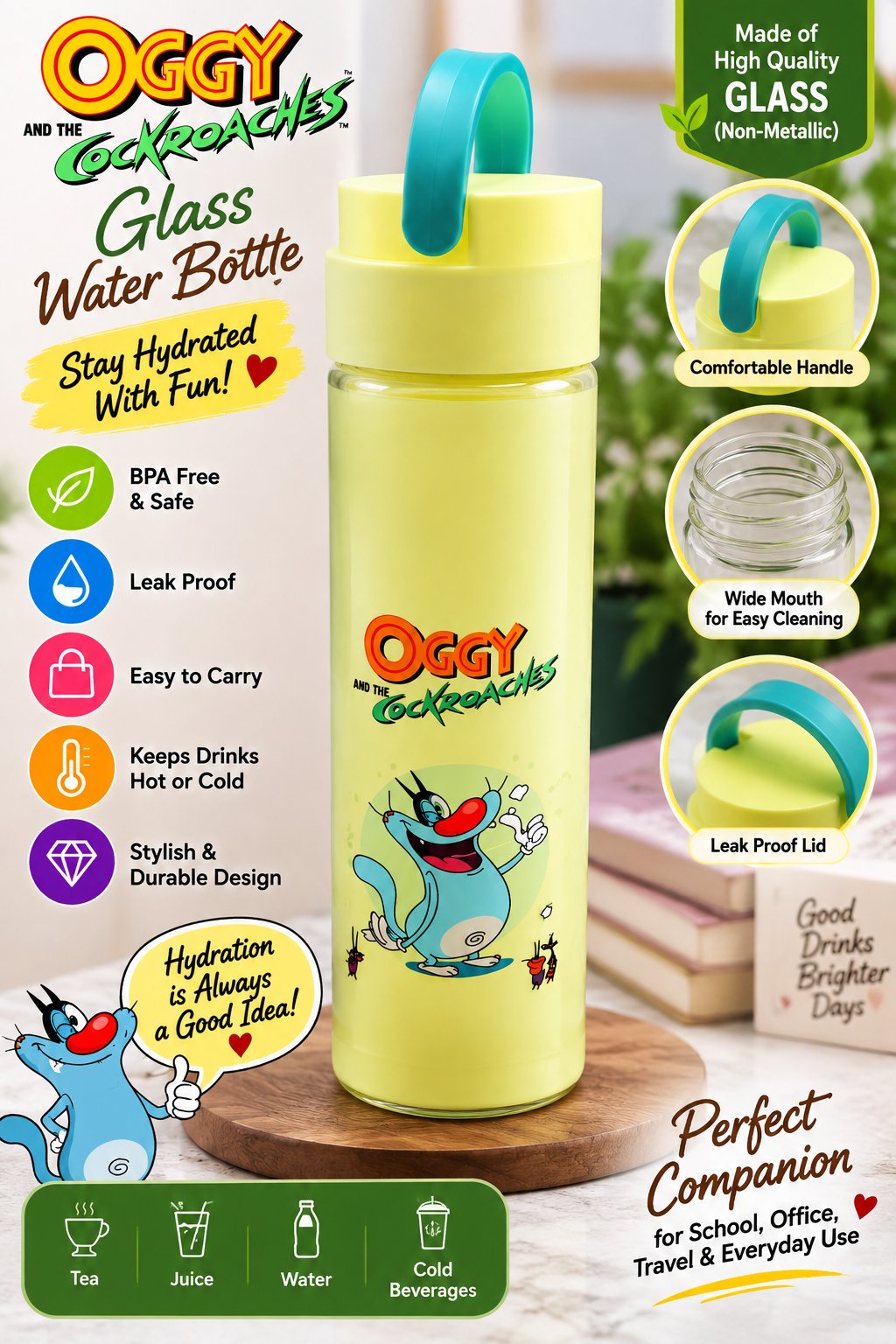 Cartoon Printed Glass Water Bottle