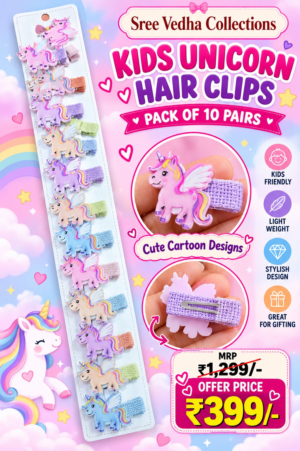 Kids Unicorn Hair Clips Pack of 10 Pairs