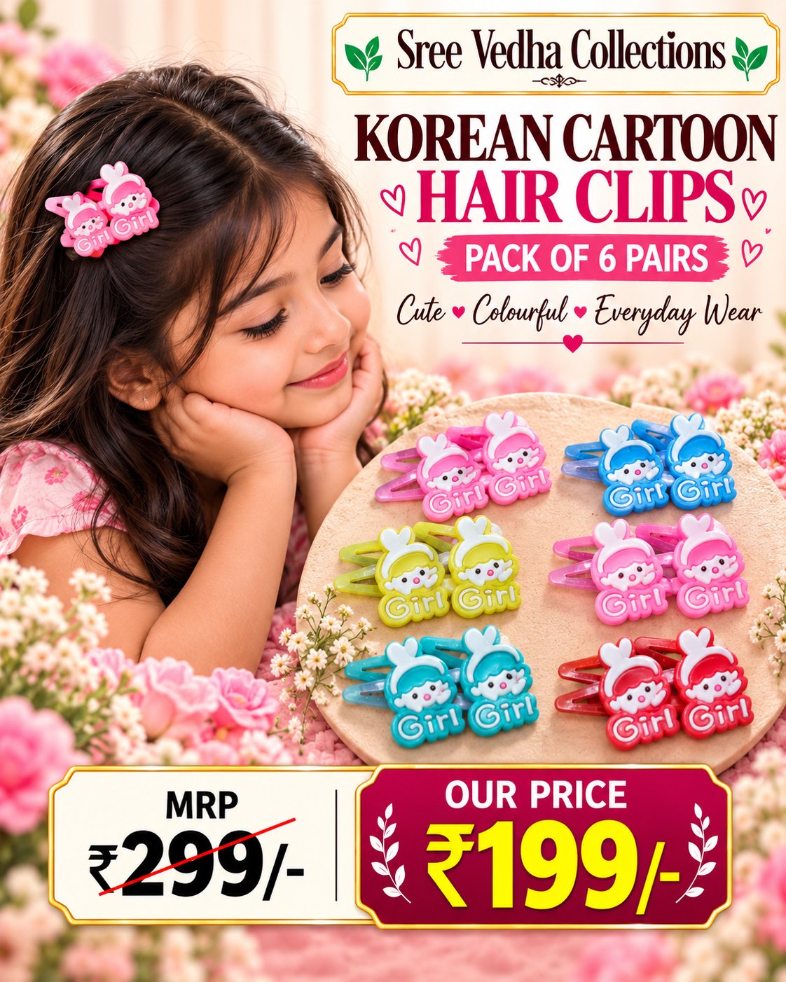 Korean Cartoon Hair Clips Pack of 6 Pairs