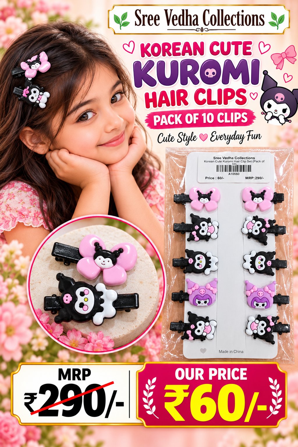 Kuromi Hair Clips Pack of 10