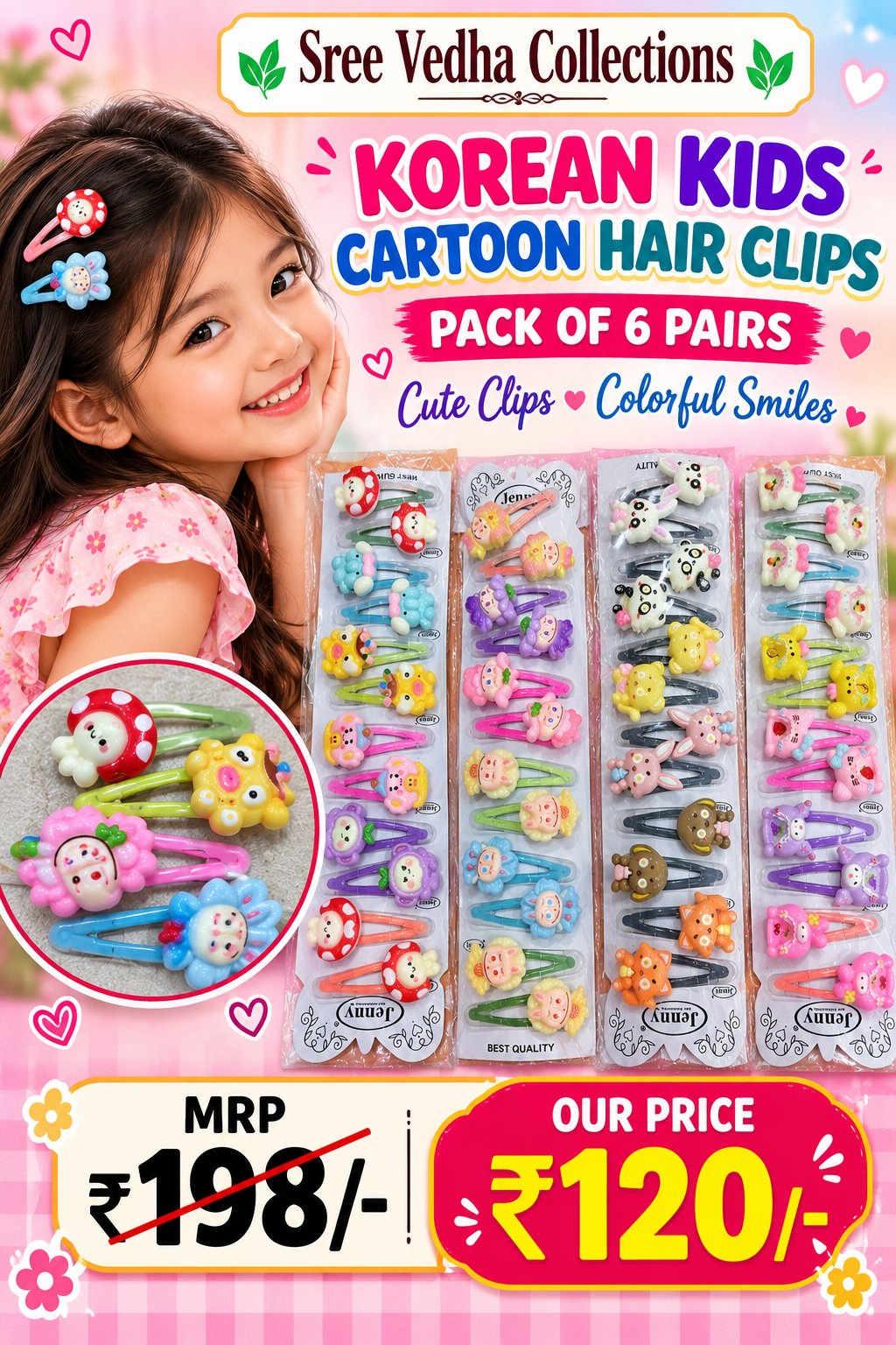 Korean Kids Cartoon Hair Clips Pack of 6 Pairs