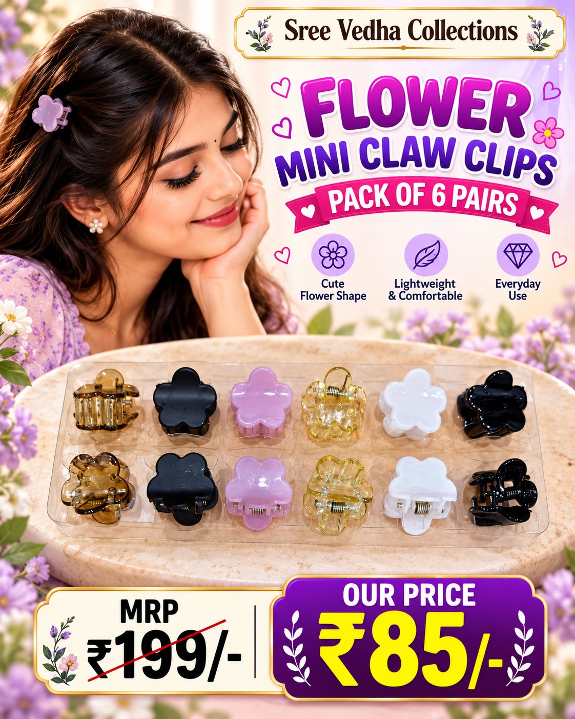 Flower mini Claw Clips 6 pairs