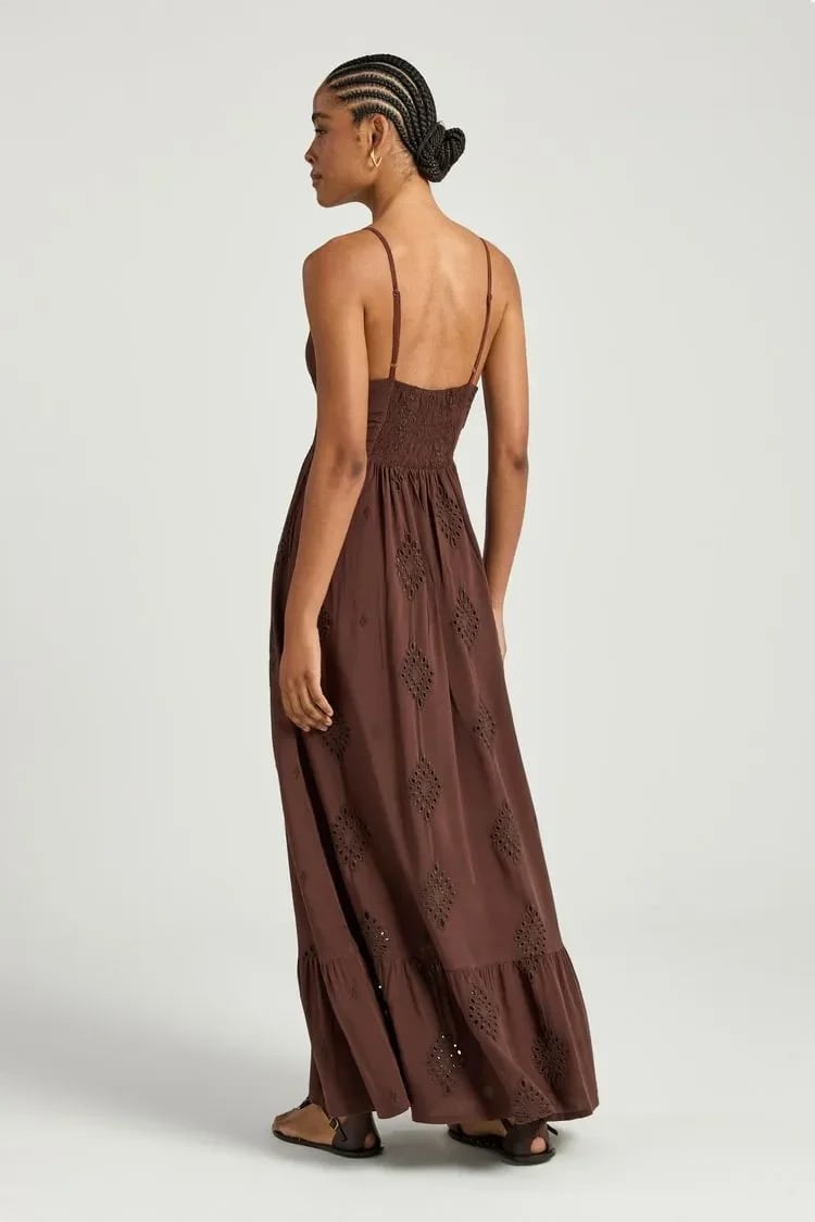 VESTIDO LONGO VISCOSE BORDADA MARROM