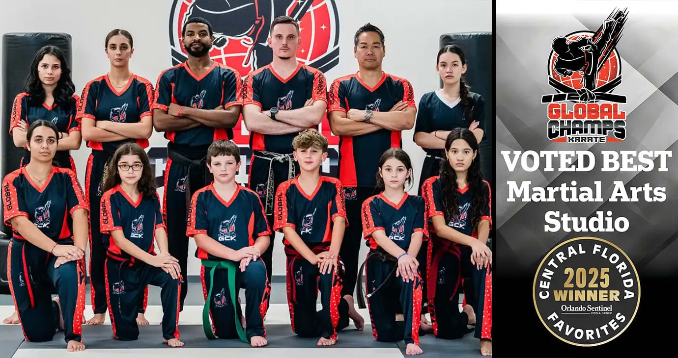 Global Champs Karate instructors and students with 2025 Central Florida award