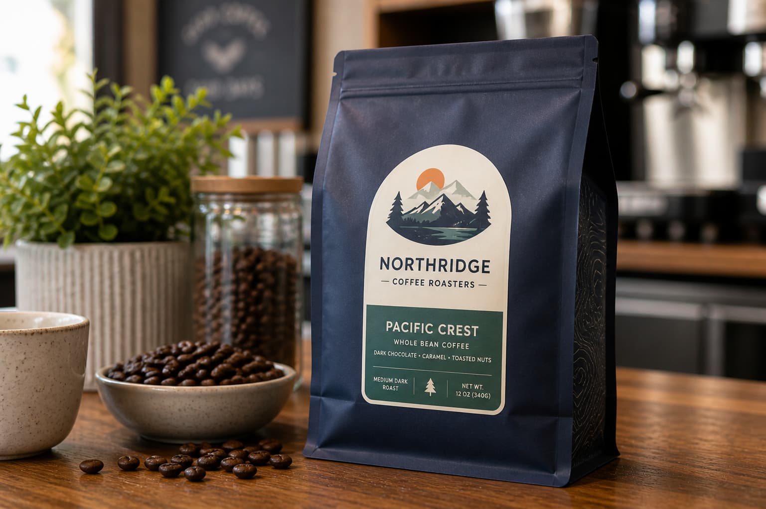 Whole bean coffee bags with label-style stickers