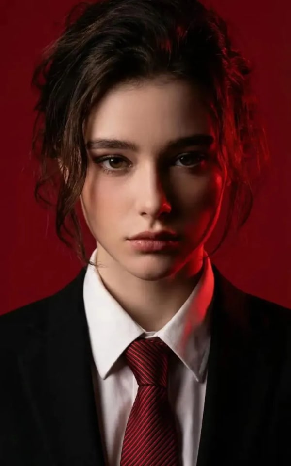 Ultra-realistic 8K portrait on red — AI image prompt example