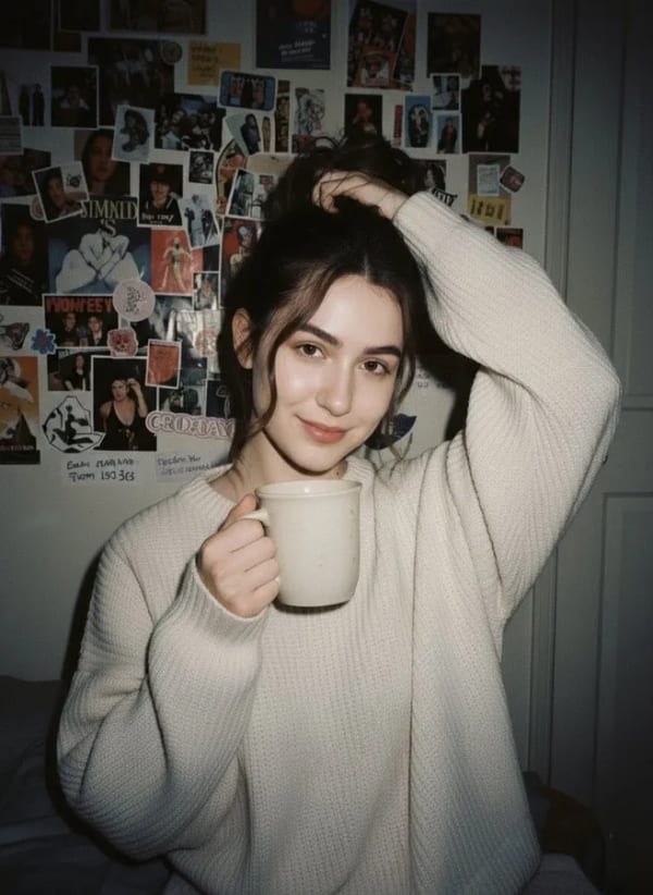 90s style portrait in cream sweater — AI image prompt example