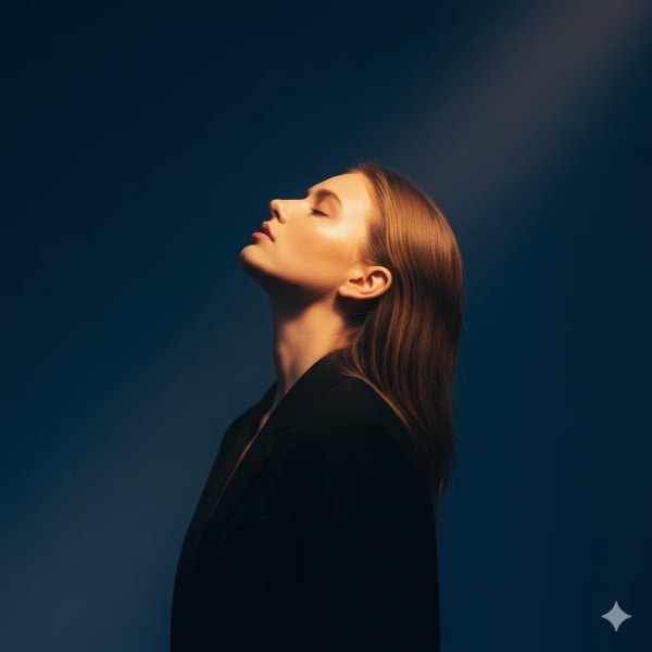 A cinematic study of a young woman in light — AI image prompt example
