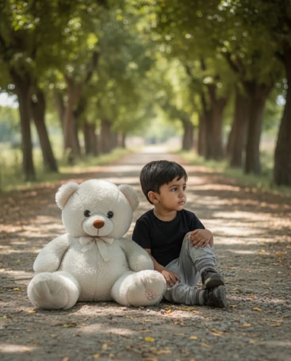 A kid sitting with teddy in forest — AI image prompt example