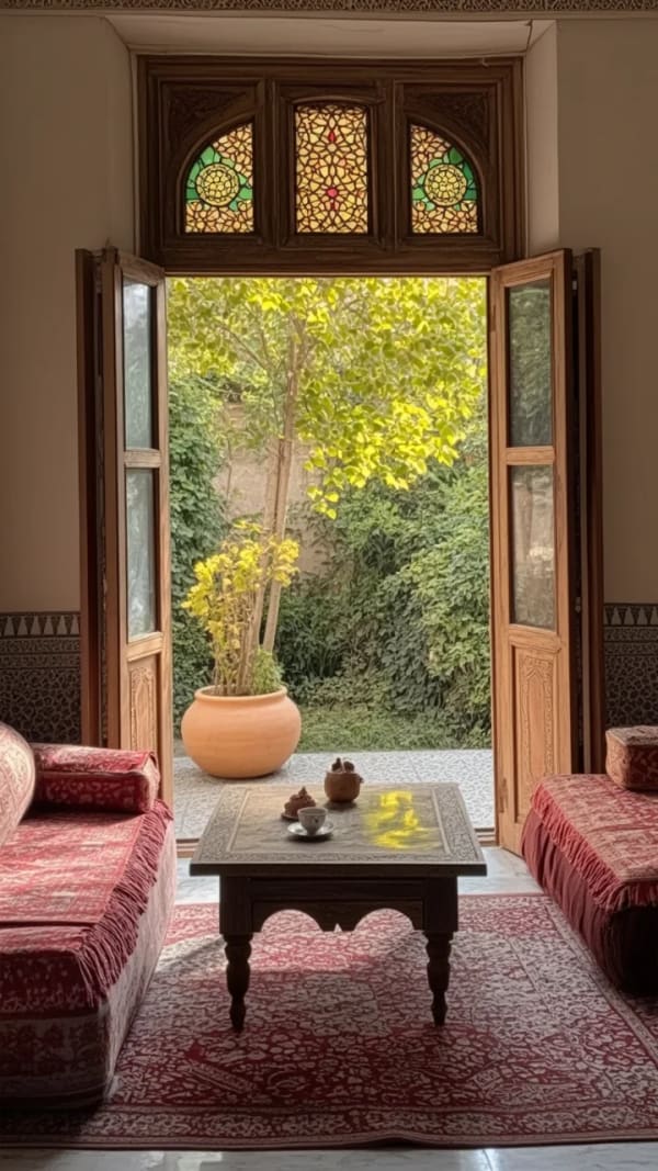a traditional Middle Eastern-style house with a wooden door and intricate stained glass windows — AI image prompt example