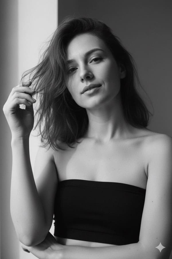 Black and white cinematic portrait — AI image prompt example