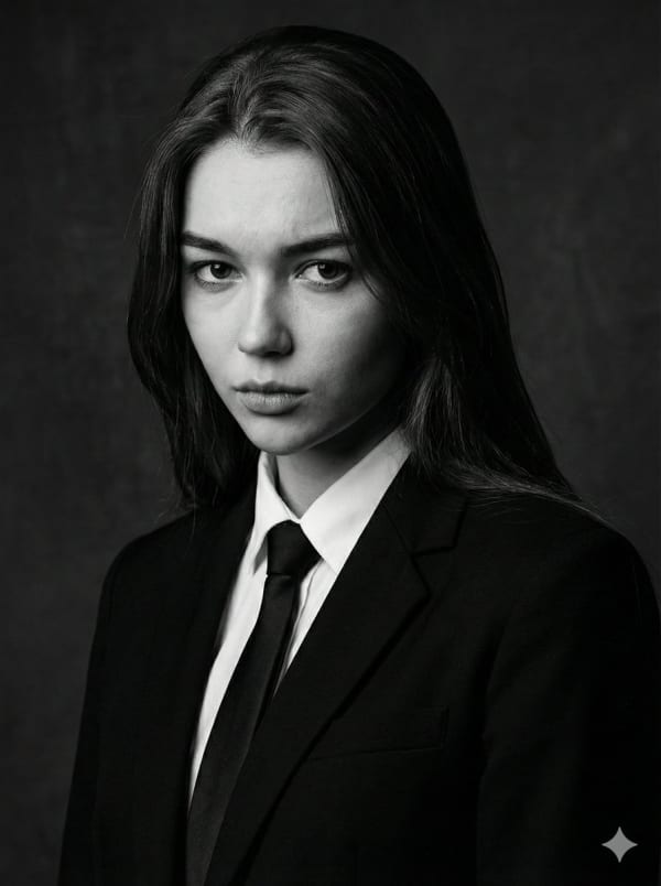 Cinematic black-and-white portrait of a woman — AI image prompt example