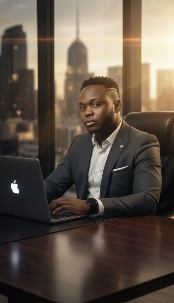 Cinematic Office Power Shot In A Suit — AI image prompt example