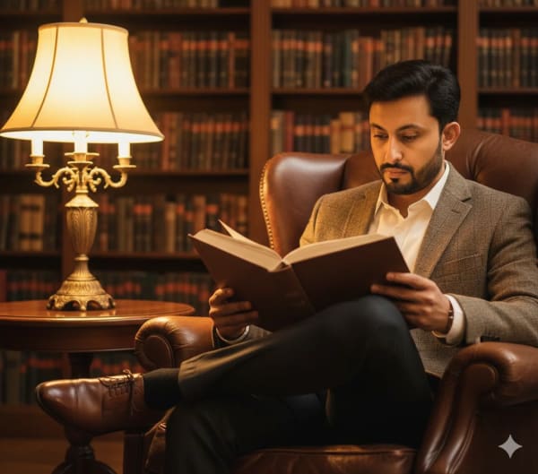 Classic Library Reading Scene — AI image prompt example