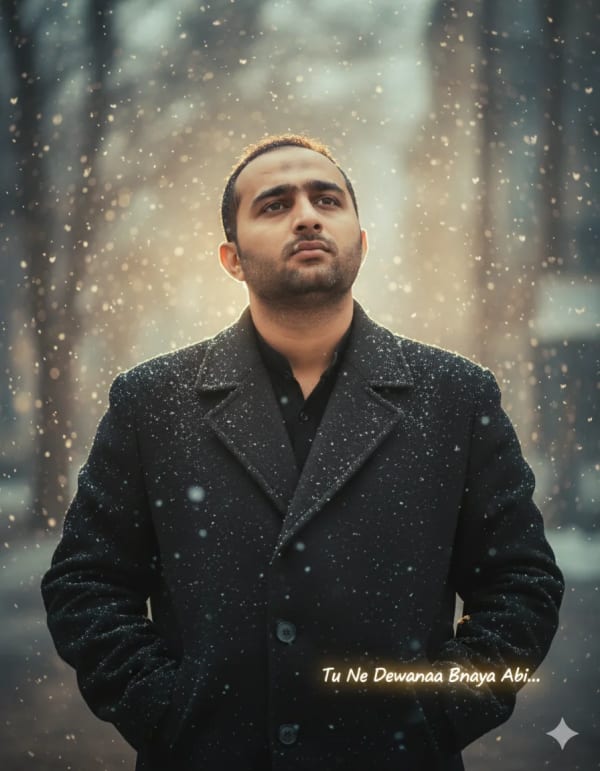 Cinematic portrait in falling snow, preserving my real face — AI image prompt example