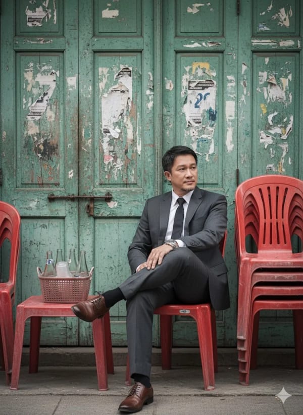 cross-legged on a red plastic chair — AI image prompt example