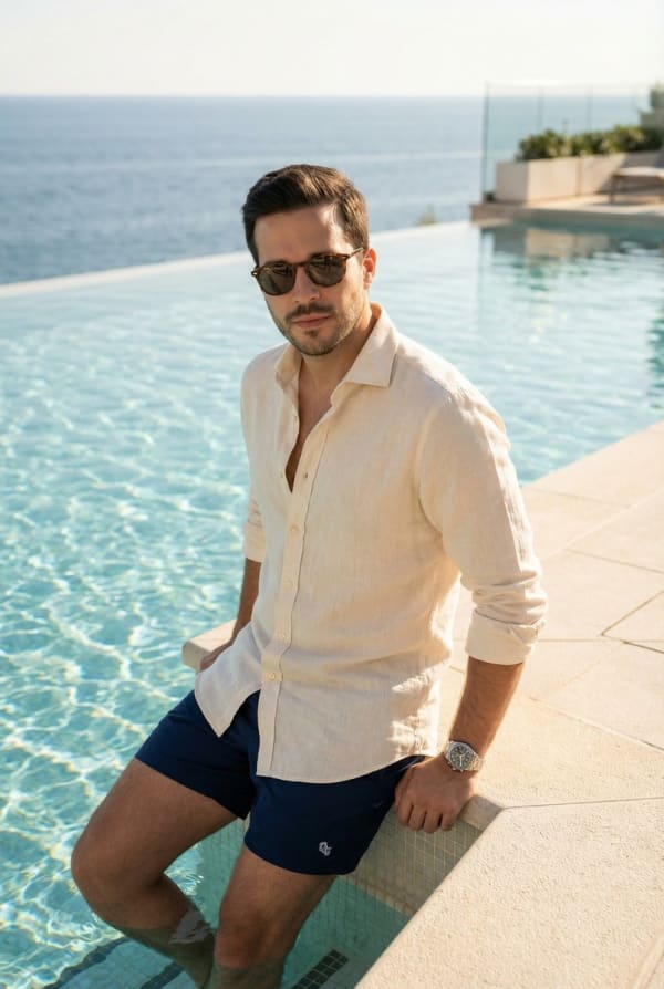 Editorial poolside fashion photoshoot of a man — AI image prompt example