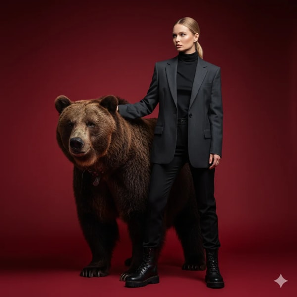 Elegance Meets the Wild: A Fashion Muse in the Company of a Bear — AI image prompt example