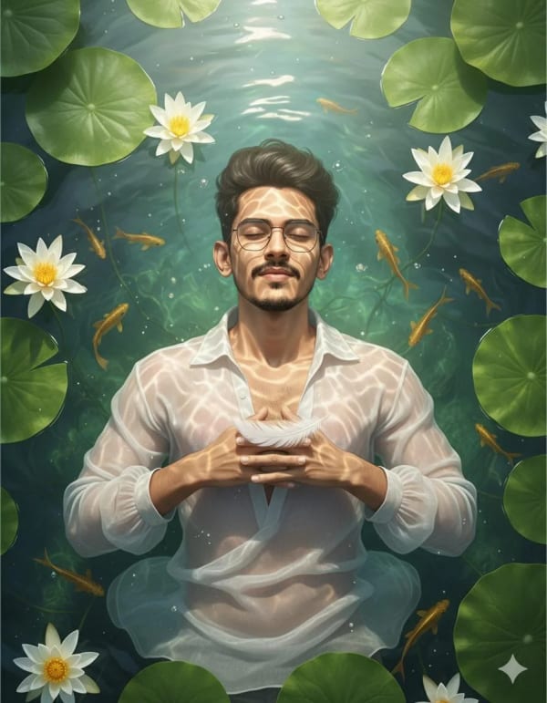 Floating calmly in a pond — AI image prompt example