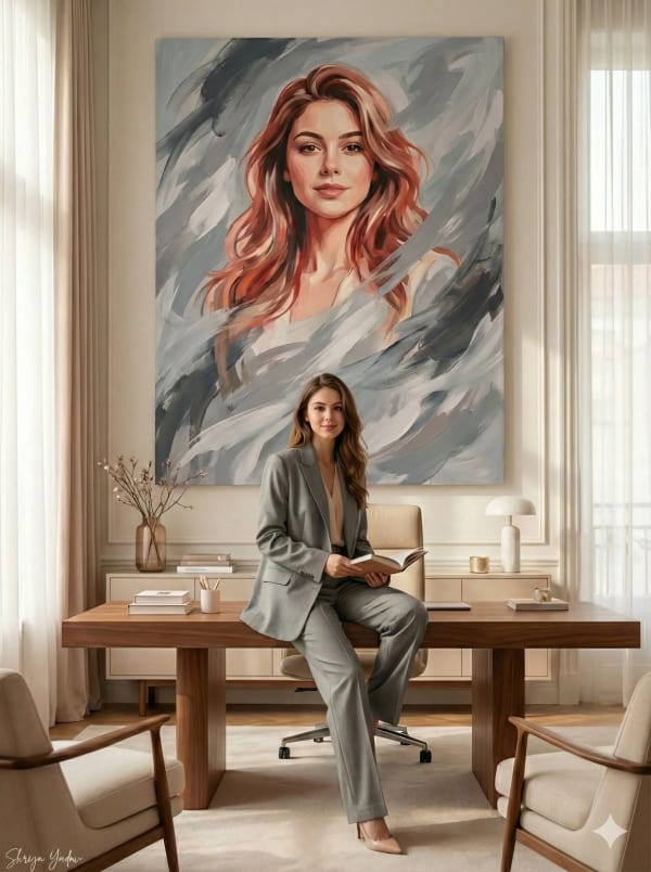 Cinematic office portrait scene — AI image prompt example