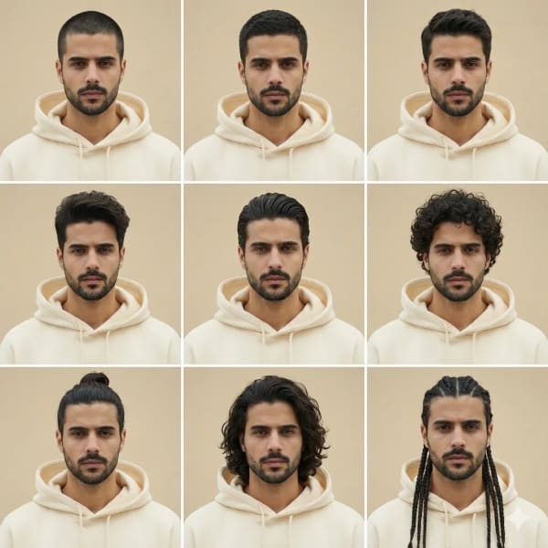 Mens hairstyle comparison collage — AI image prompt example