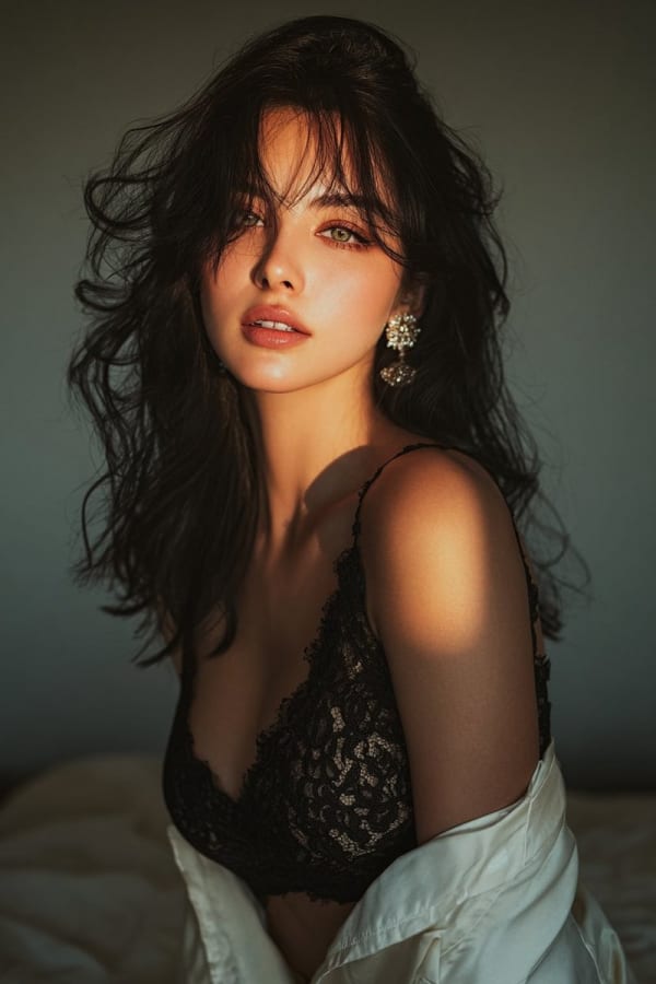 Golden hour portrait of a woman in black lace dress — AI image prompt example
